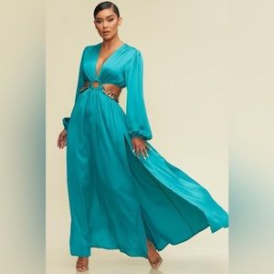 Maxi/ formal dress. Turquoise with gold detail. It Is stunning and very fashion.